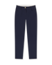 Women's Stride Pant in New Indigo, flat lay front view featuring solid navy fabric, front hip pockets, gold logo button closure, and a tapered leg