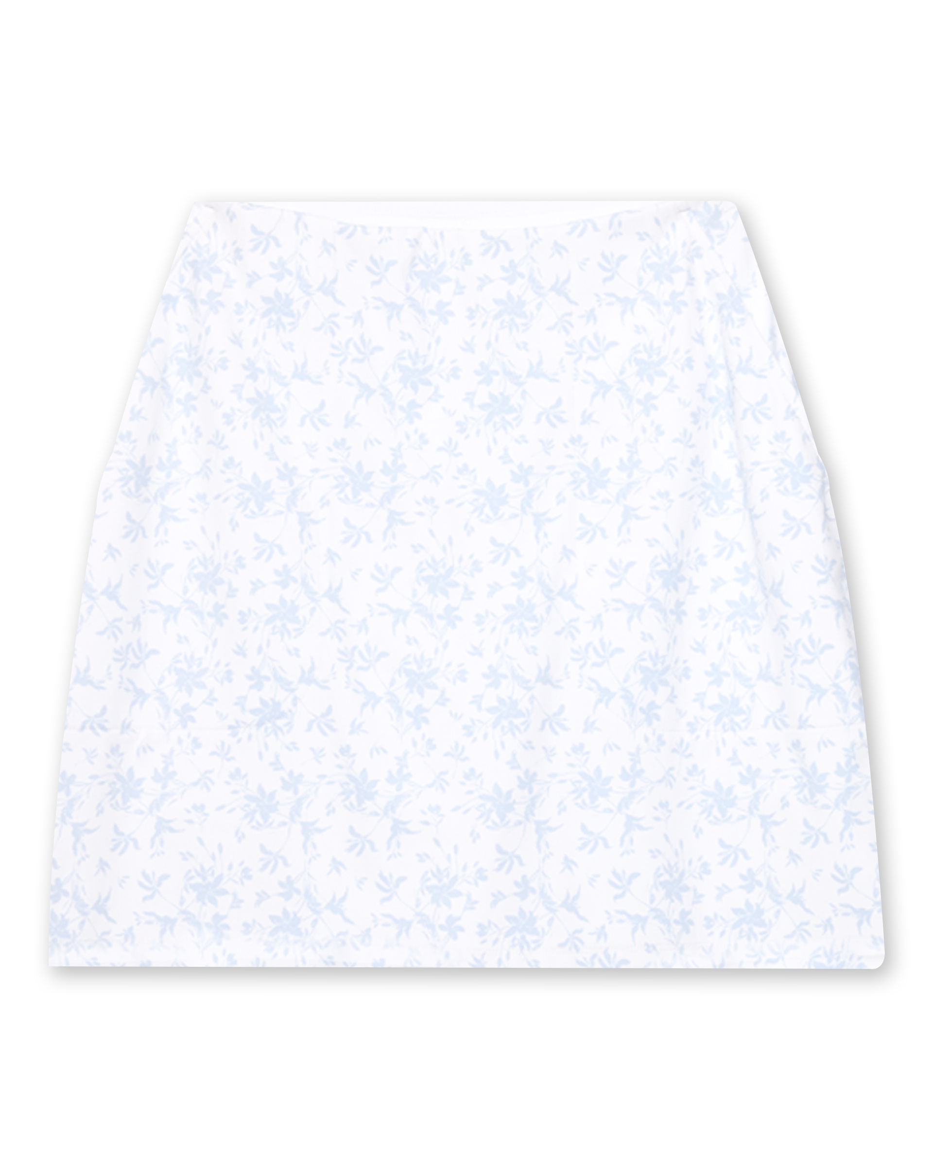 Women's Ava Skort in Powder, flat lay front view featuring an allover scattered floral print with light blue blooms on a white base