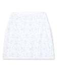 Women's Ava Skort in Powder, flat lay front view featuring an allover scattered floral print with light blue blooms on a white base