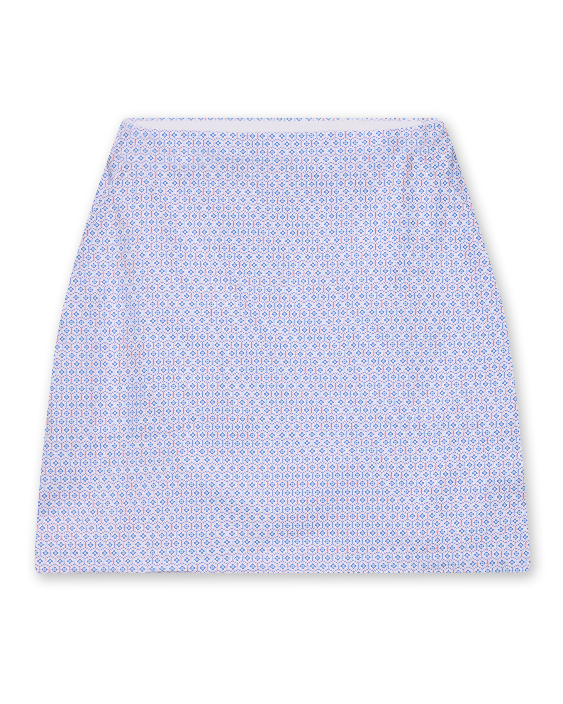 Women's Kyoto Skort in Hydrangea, flat lay front view featuring an all-over blue geometric hexagon and floral print on a white base