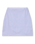 Women's Kyoto Skort in Hydrangea, flat lay front view featuring an all-over blue geometric hexagon and floral print on a white base
