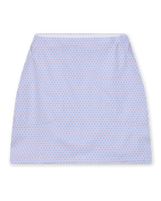 Women's Kyoto Skort in Hydrangea, flat lay front view featuring an all-over blue geometric hexagon and floral print on a white base
