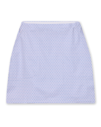Women's Kyoto Skort in Hydrangea, flat lay front view featuring an all-over blue geometric hexagon and floral print on a white base