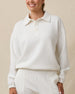 Model wearing the Harper Quarter Button scuba knit pullover in Coconut