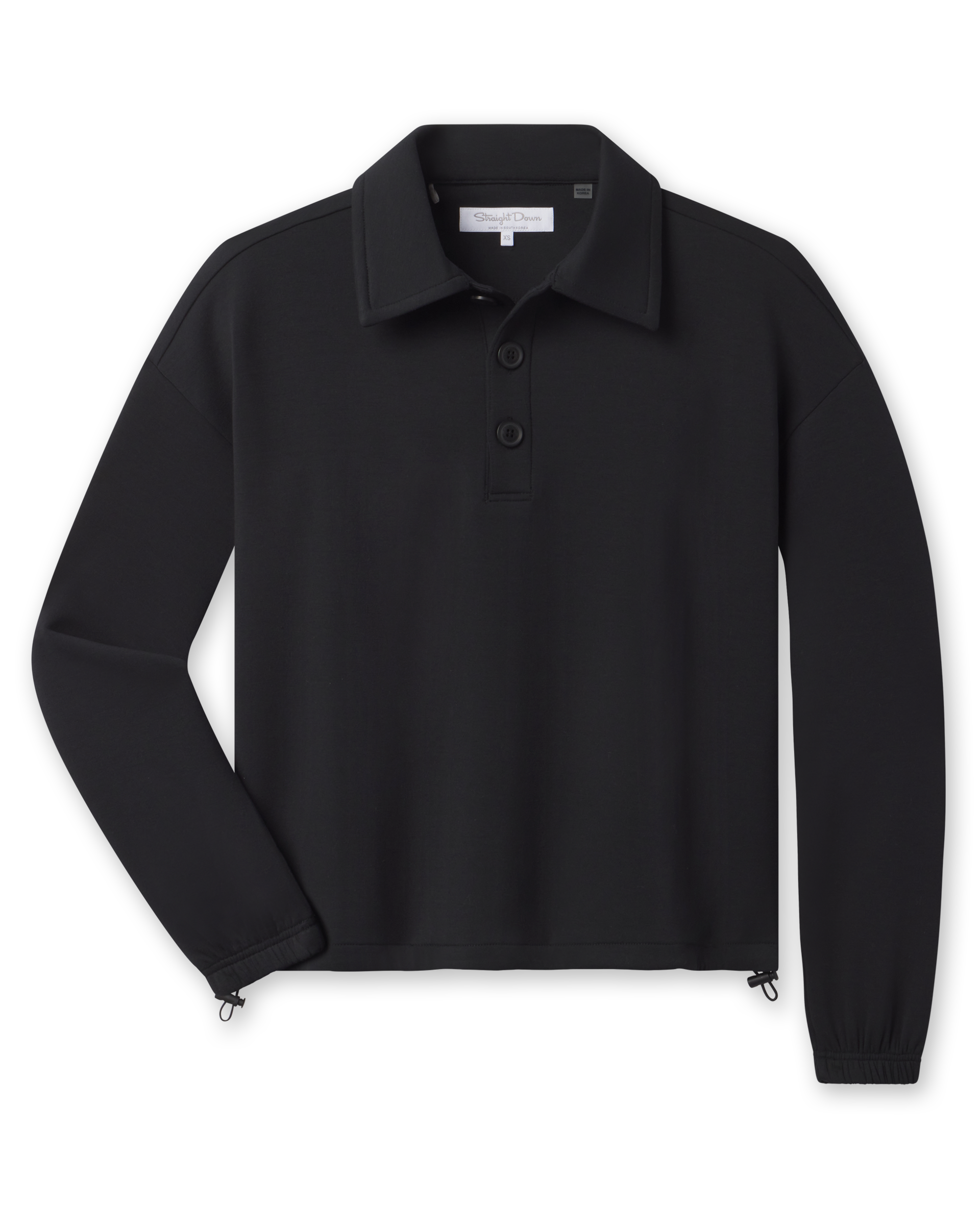 A black long-sleeve polo shirt with a three-button placket and zippered cuffs, displayed flat.