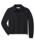 A black long-sleeve polo shirt with a three-button placket and zippered cuffs, displayed flat.
