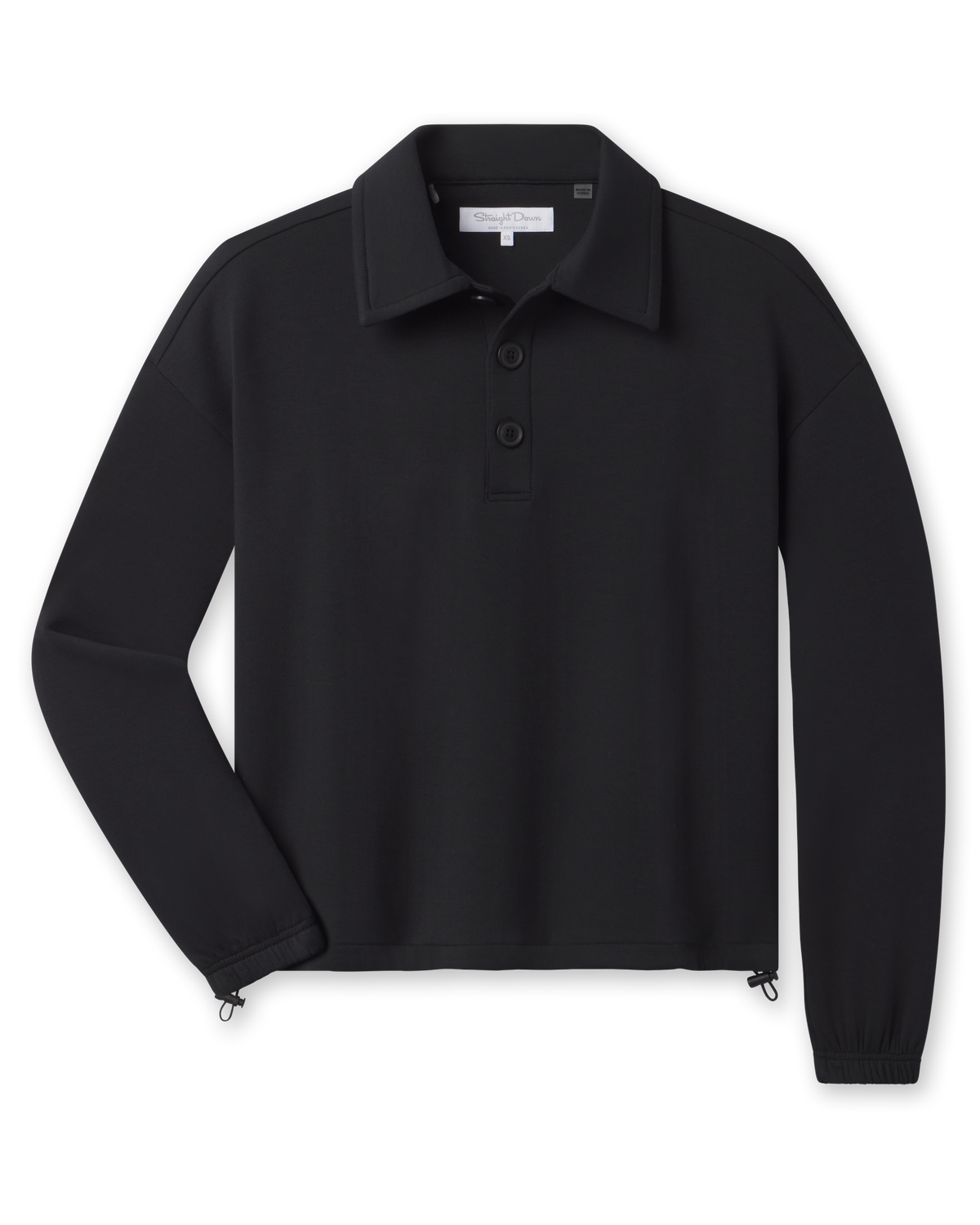 A black long-sleeve polo shirt with a three-button placket and zippered cuffs, displayed flat.