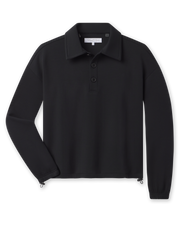 A black long-sleeve polo shirt with a three-button placket and zippered cuffs, displayed flat.
