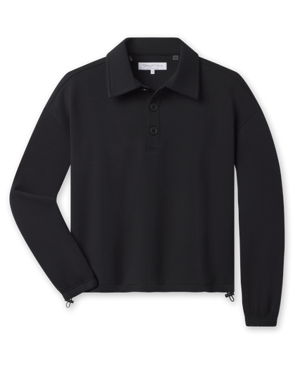 A black long-sleeve polo shirt with a three-button placket and zippered cuffs, displayed flat.