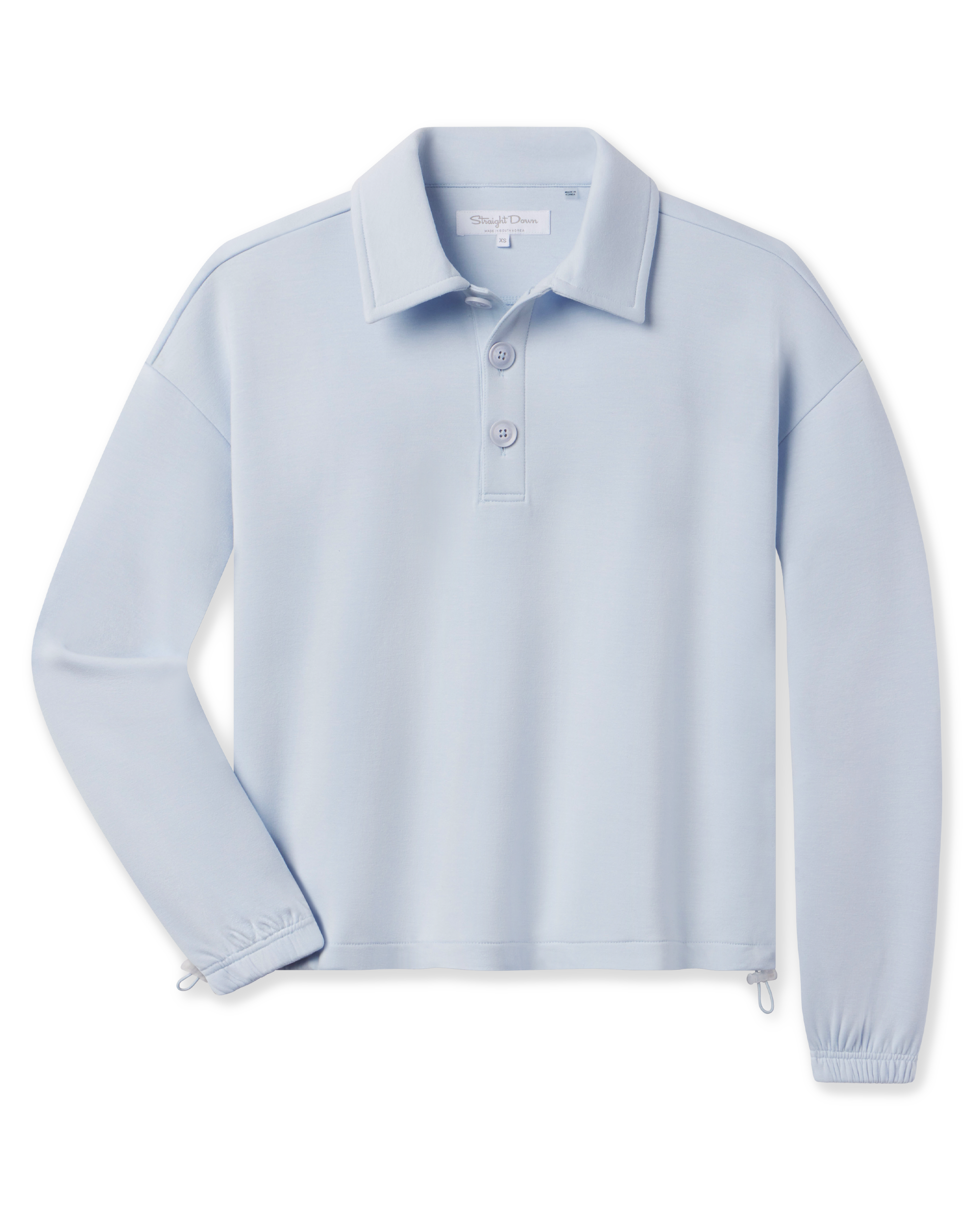 A light blue long-sleeve polo shirt with a buttoned collar and three-button placket, displayed flat.