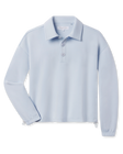 A light blue long-sleeve polo shirt with a buttoned collar and three-button placket, displayed flat.