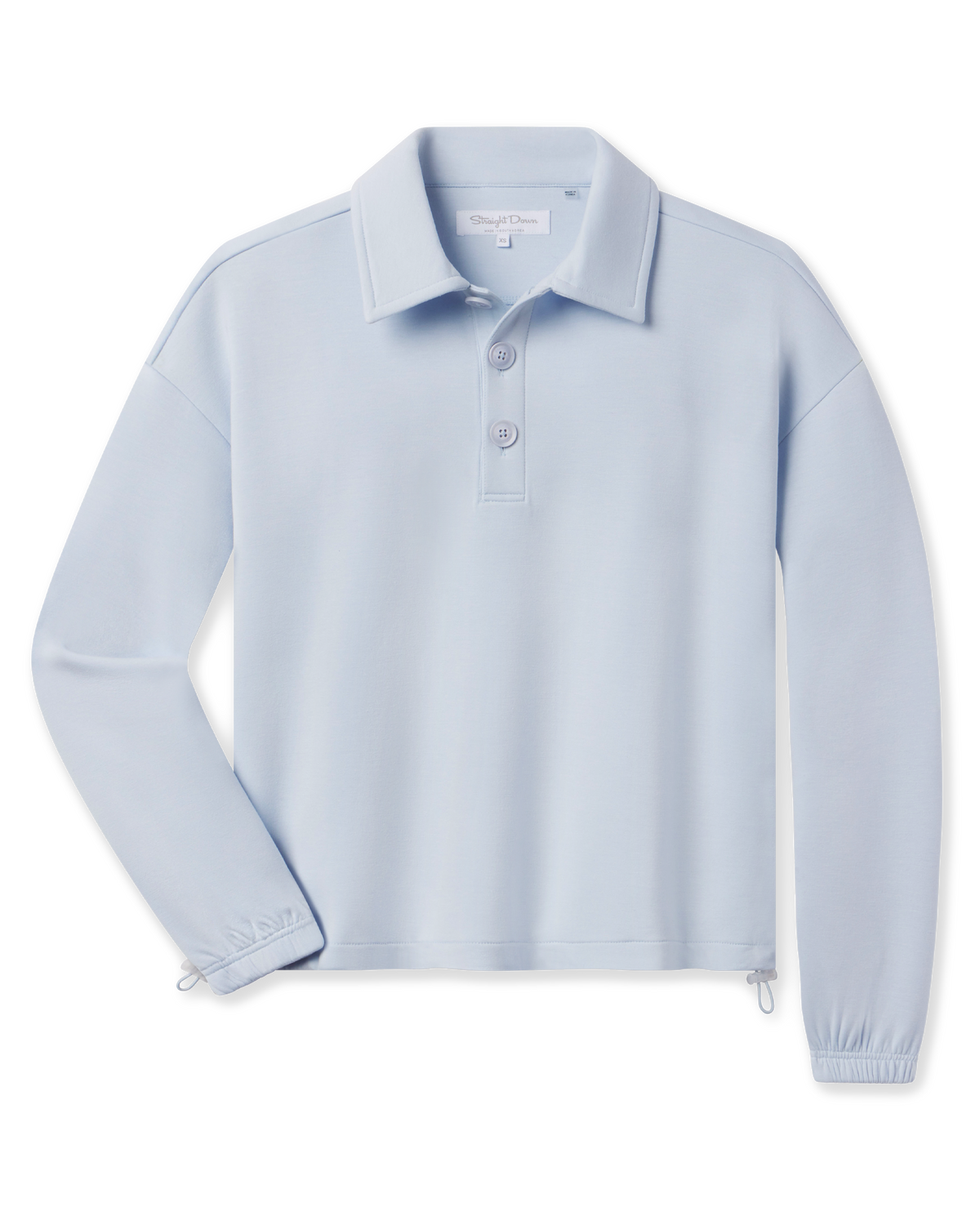 A light blue long-sleeve polo shirt with a buttoned collar and three-button placket, displayed flat.
