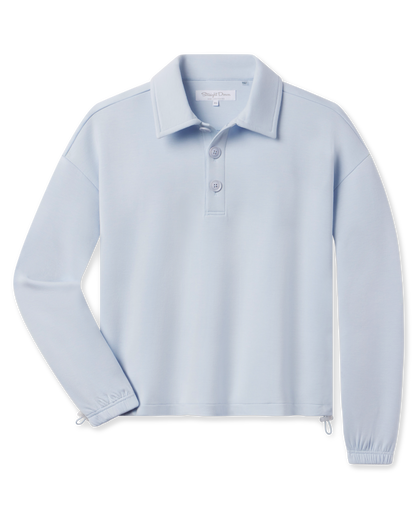 A light blue long-sleeve polo shirt with a buttoned collar and three-button placket, displayed flat.