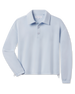 A light blue long-sleeve polo shirt with a buttoned collar and three-button placket, displayed flat.