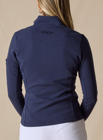 Women's Swing Jacket in Indigo Blue, on-model back view