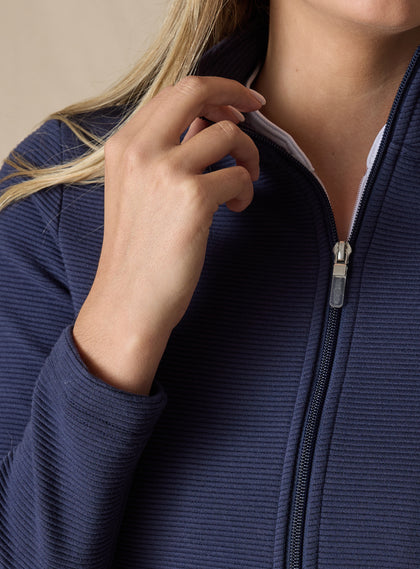 Women's Swing Jacket in Indigo Blue, on-model front view, close up of fabric, collar, and zipper