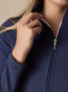 Women's Swing Jacket in Indigo Blue, on-model front view, close up of fabric, collar, and zipper