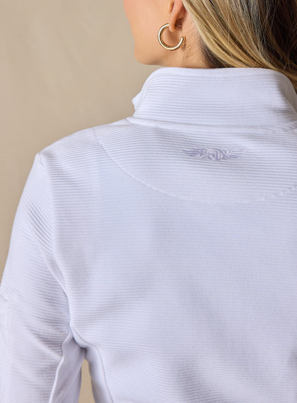 Women's Swing Jacket in White, on-model back view, close up of fabric and logo just below collar