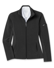 Women's Swing Jacket in Black, flat lay front view featuring a solid black ribbed texture fabric, full zip closure, stand collar, front hip pockets, contrast smooth side panels, and Straight Down logo patch on the sleeve