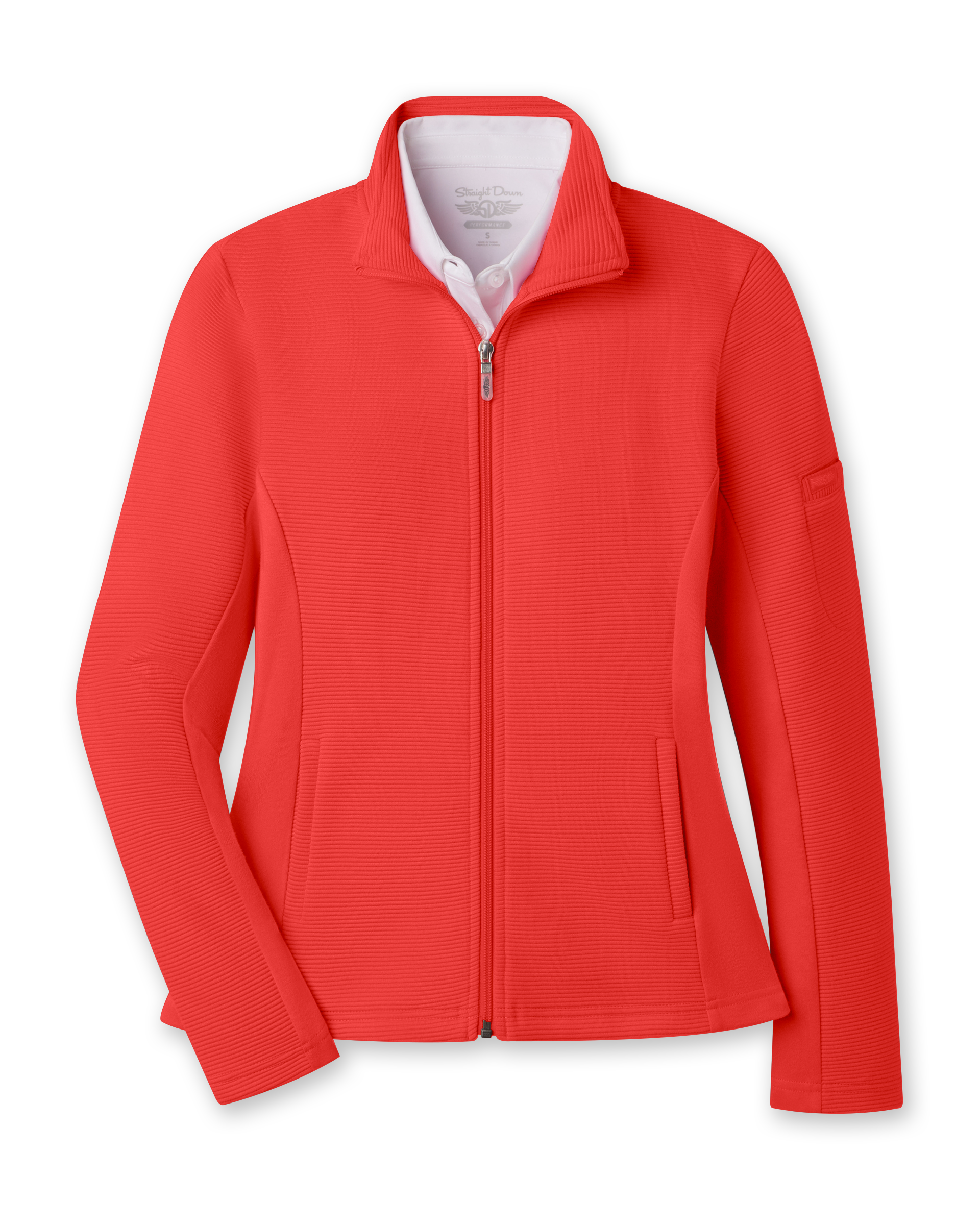 Women's Swing Jacket in Flag Red, flat lay front view featuring a solid red ribbed texture fabric, full zip closure, stand collar, front hip pockets, and Straight Down logo patch on the sleeve
