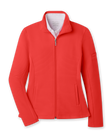 Women's Swing Jacket in Flag Red, flat lay front view featuring a solid red ribbed texture fabric, full zip closure, stand collar, front hip pockets, and Straight Down logo patch on the sleeve