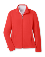 Women's Swing Jacket in Flag Red, flat lay front view featuring a solid red ribbed texture fabric, full zip closure, stand collar, front hip pockets, and Straight Down logo patch on the sleeve