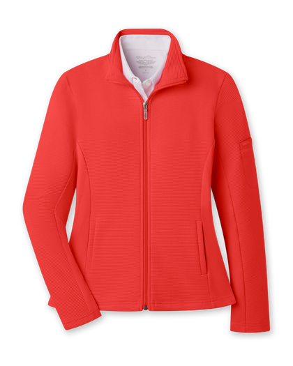 Women's Swing Jacket in Flag Red, flat lay front view featuring a solid red ribbed texture fabric, full zip closure, stand collar, front hip pockets, and Straight Down logo patch on the sleeve