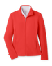 Women's Swing Jacket in Flag Red, flat lay front view featuring a solid red ribbed texture fabric, full zip closure, stand collar, front hip pockets, and Straight Down logo patch on the sleeve