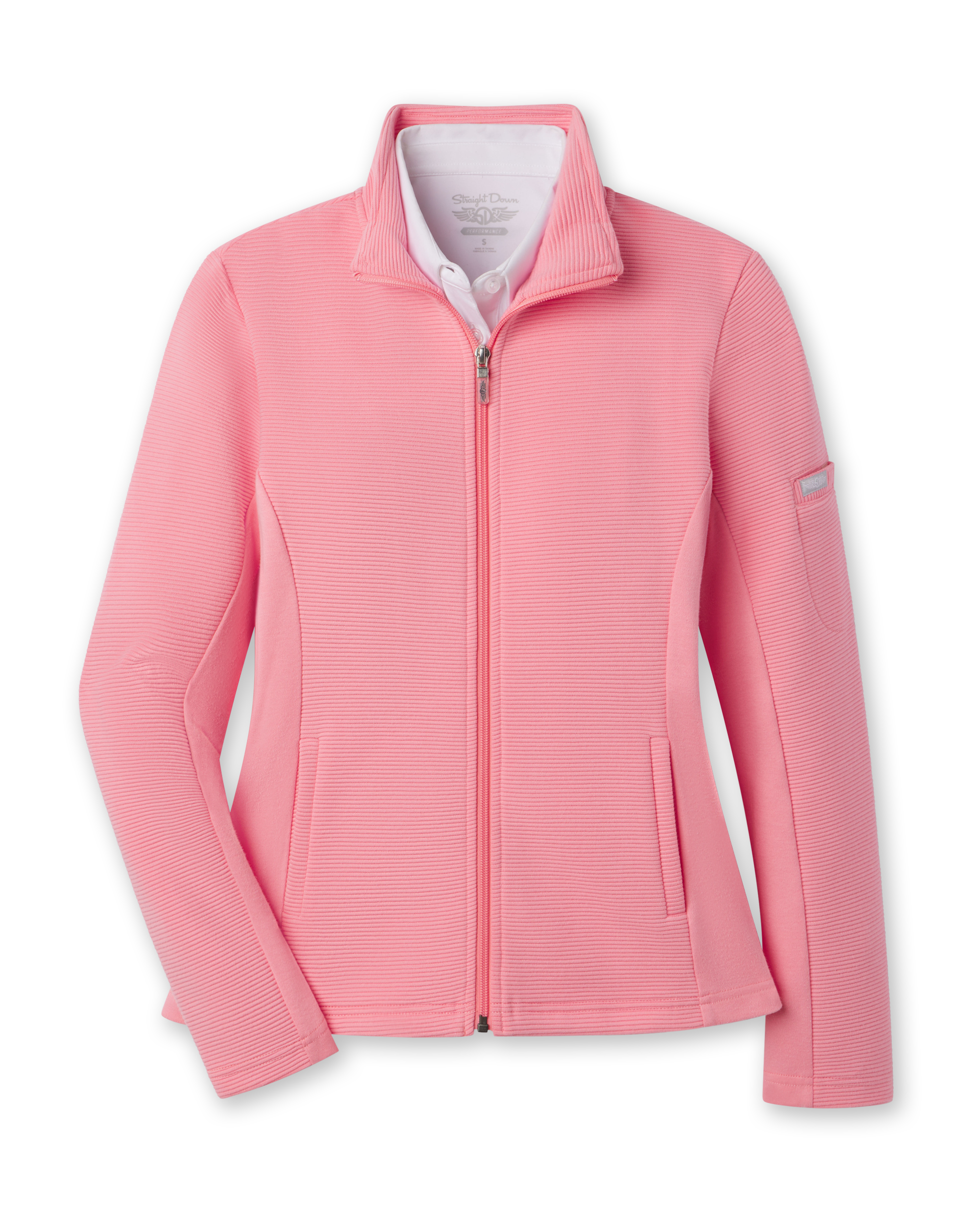 Women's Swing Jacket in Geranium, flat lay front view featuring a solid coral pink ribbed texture fabric, full zip closure, stand collar, front hip pockets, and Straight Down logo patch on the sleeve