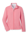 Women's Swing Jacket in Geranium, flat lay front view featuring a solid coral pink ribbed texture fabric, full zip closure, stand collar, front hip pockets, and Straight Down logo patch on the sleeve