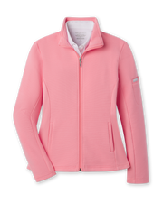 Women's Swing Jacket in Geranium, flat lay front view featuring a solid coral pink ribbed texture fabric, full zip closure, stand collar, front hip pockets, and Straight Down logo patch on the sleeve