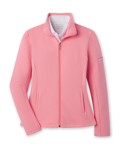Women's Swing Jacket in Geranium, flat lay front view featuring a solid coral pink ribbed texture fabric, full zip closure, stand collar, front hip pockets, and Straight Down logo patch on the sleeve