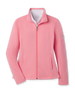 Women's Swing Jacket in Geranium, flat lay front view featuring a solid coral pink ribbed texture fabric, full zip closure, stand collar, front hip pockets, and Straight Down logo patch on the sleeve