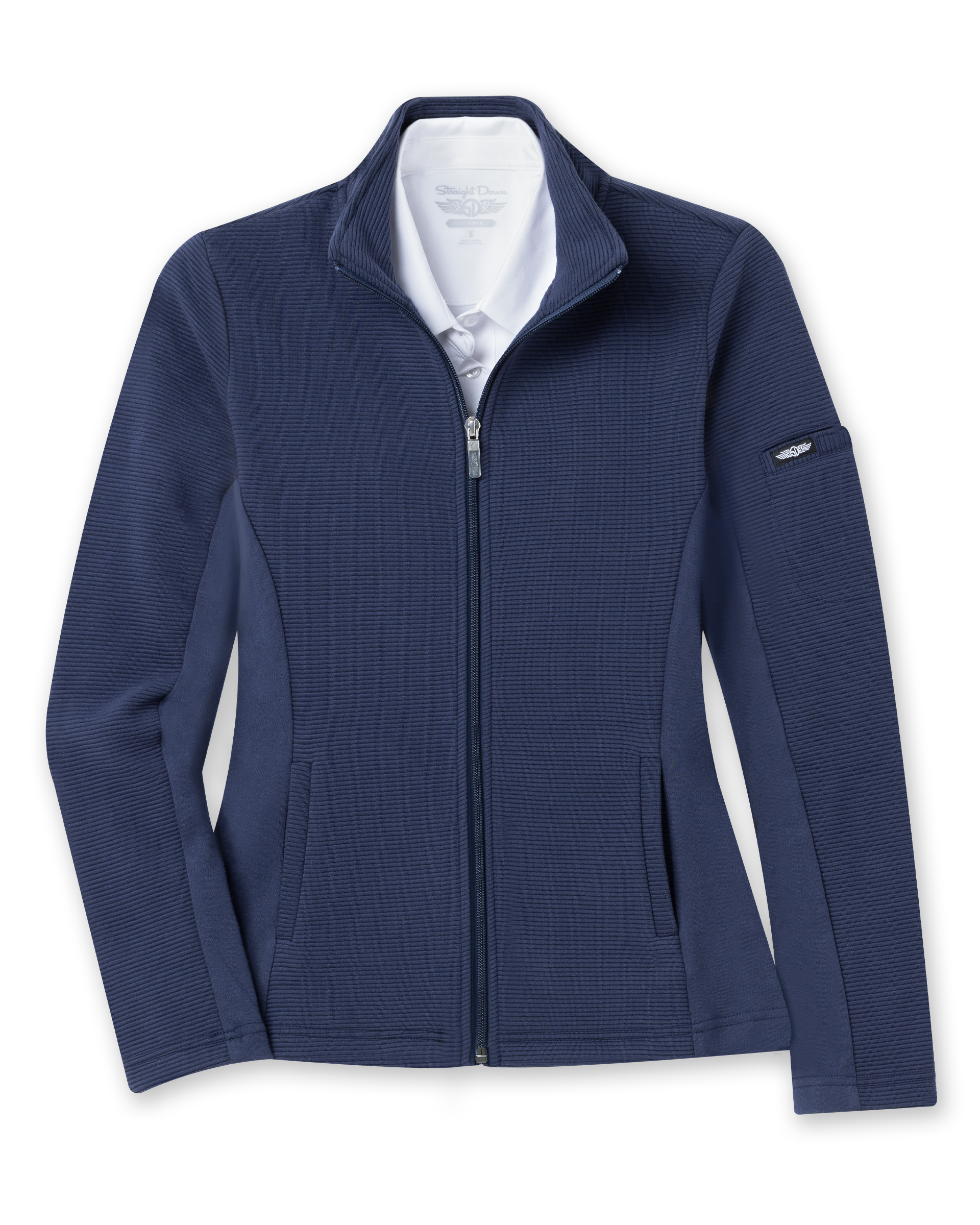 Women's Swing Jacket in New Indigo, flat lay front view featuring a solid navy ribbed texture fabric, full zip closure, stand collar, front hip pockets, contrast smooth side panels, and Straight Down logo patch on the sleeve