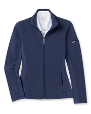 Women's Swing Jacket in New Indigo, flat lay front view featuring a solid navy ribbed texture fabric, full zip closure, stand collar, front hip pockets, contrast smooth side panels, and Straight Down logo patch on the sleeve