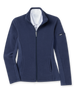 Women's Swing Jacket in New Indigo, flat lay front view featuring a solid navy ribbed texture fabric, full zip closure, stand collar, front hip pockets, contrast smooth side panels, and Straight Down logo patch on the sleeve