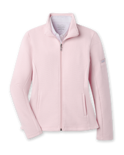 Women's Swing Jacket in Light Pink, flat lay front view featuring a solid light pink ribbed texture fabric, full zip closure, stand collar, front hip pockets, contrast smooth side panels, and Straight Down logo patch on the sleeve
