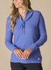 Women's Misty Top in Blueberry, front close-up view on model featuring a solid blueberry waffle knit long sleeve top with cowl neck and drawstring tie