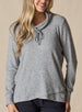  Women's Misty Top in Heather, front  view on model featuring a heather gray waffle knit long sleeve top with cowl neck and drawstring tie