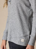 Women's Misty Top in Heather, close detailed view featuring a heather gray waffle knit long sleeve top with cowl neck, drawstring tie, and crossover hem with Straight Down patch