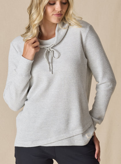 Women's Misty Top in New Heather, front close-up view on model featuring a heather gray waffle knit long sleeve top with cowl neck and drawstring tie