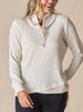 Women's Misty Top in Oatmeal, front close-up view on model featuring a cream waffle knit long sleeve top with cowl neck and drawstring tie