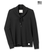 Women's Misty Top in Black, flat lay front view featuring solid black waffle knit fabric, shawl collar with drawstring tie, long sleeves with ribbed cuffs, crossover hem, and Straight Down logo patch at the hip