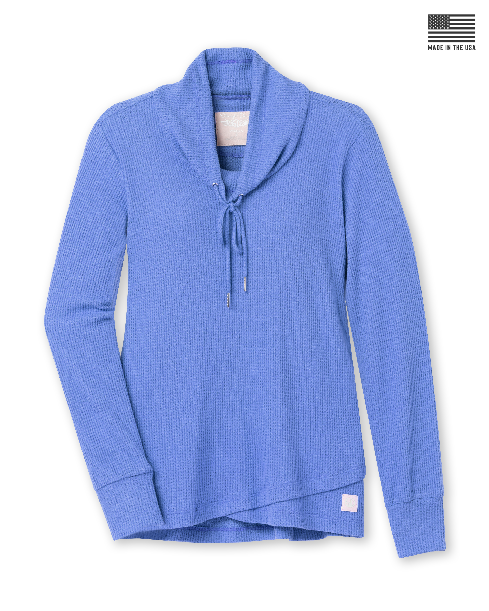 Women's Misty Top in Blueberry, flat lay front view featuring solid medium blue waffle knit fabric, shawl collar with drawstring tie, long sleeves with ribbed cuffs, crossover hem, and Straight Down logo patch at the hip