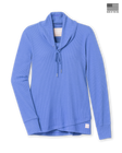 Women's Misty Top in Blueberry, flat lay front view featuring solid medium blue waffle knit fabric, shawl collar with drawstring tie, long sleeves with ribbed cuffs, crossover hem, and Straight Down logo patch at the hip