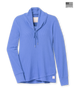 Women's Misty Top in Blueberry, flat lay front view featuring solid medium blue waffle knit fabric, shawl collar with drawstring tie, long sleeves with ribbed cuffs, crossover hem, and Straight Down logo patch at the hip