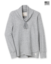 Women's Misty Top in Heather, flat lay front view featuring heather gray waffle knit fabric, shawl collar with drawstring tie, long sleeves with ribbed cuffs, crossover hem, and Straight Down logo patch at the hip