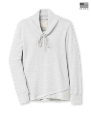 Women's Misty Top in New Heather, flat lay front view featuring heather light gray waffle knit fabric, shawl collar with drawstring tie, long sleeves with ribbed cuffs, crossover hem, and Straight Down logo patch at the hip