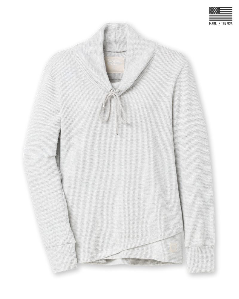 Women's Misty Top in New Heather, flat lay front view featuring heather light gray waffle knit fabric, shawl collar with drawstring tie, long sleeves with ribbed cuffs, crossover hem, and Straight Down logo patch at the hip