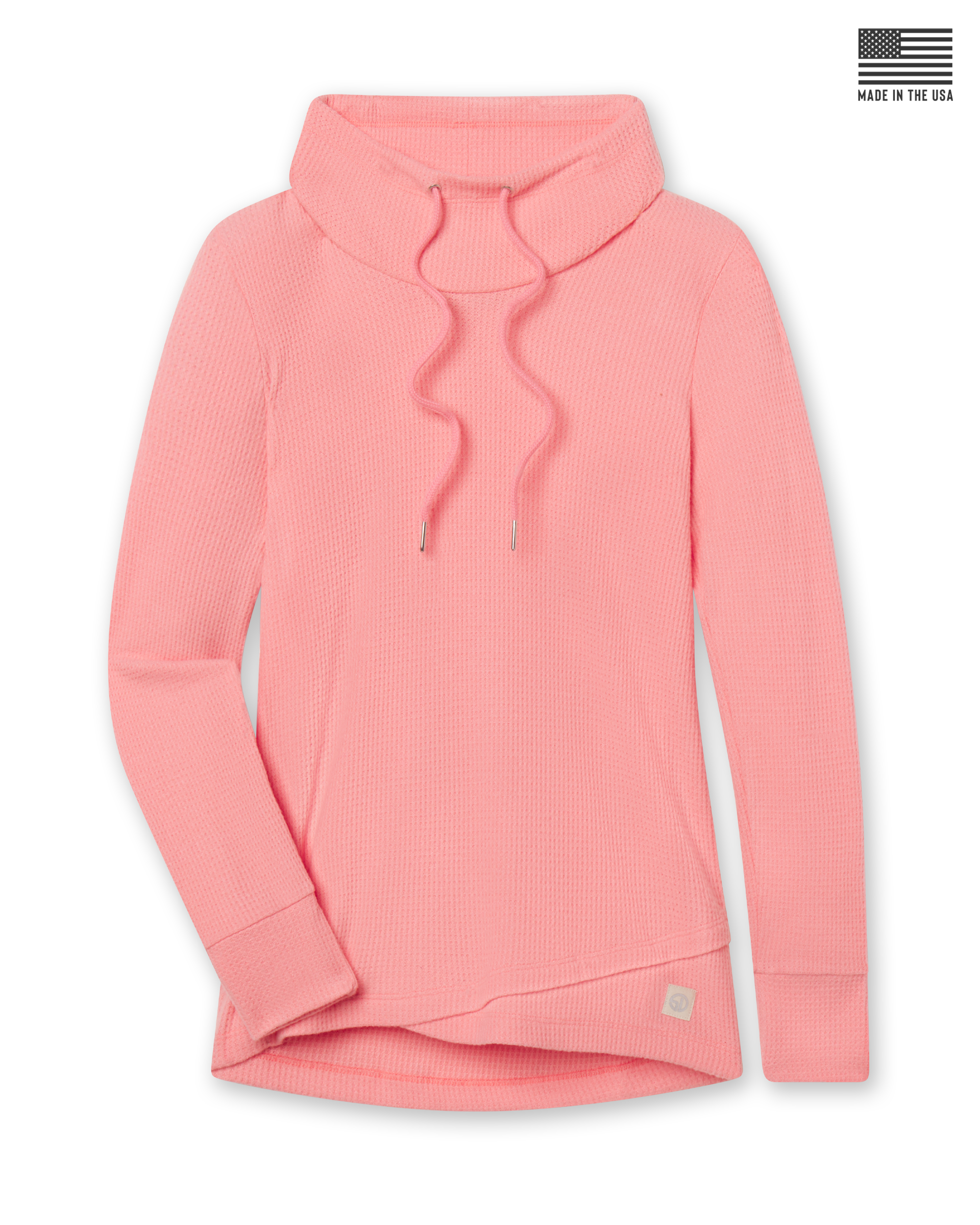 Women's Misty Top in Spritz, flat lay front view featuring solid coral pink waffle knit fabric, shawl collar with drawstring tie, long sleeves with ribbed cuffs, crossover hem, and Straight Down logo patch at the hip